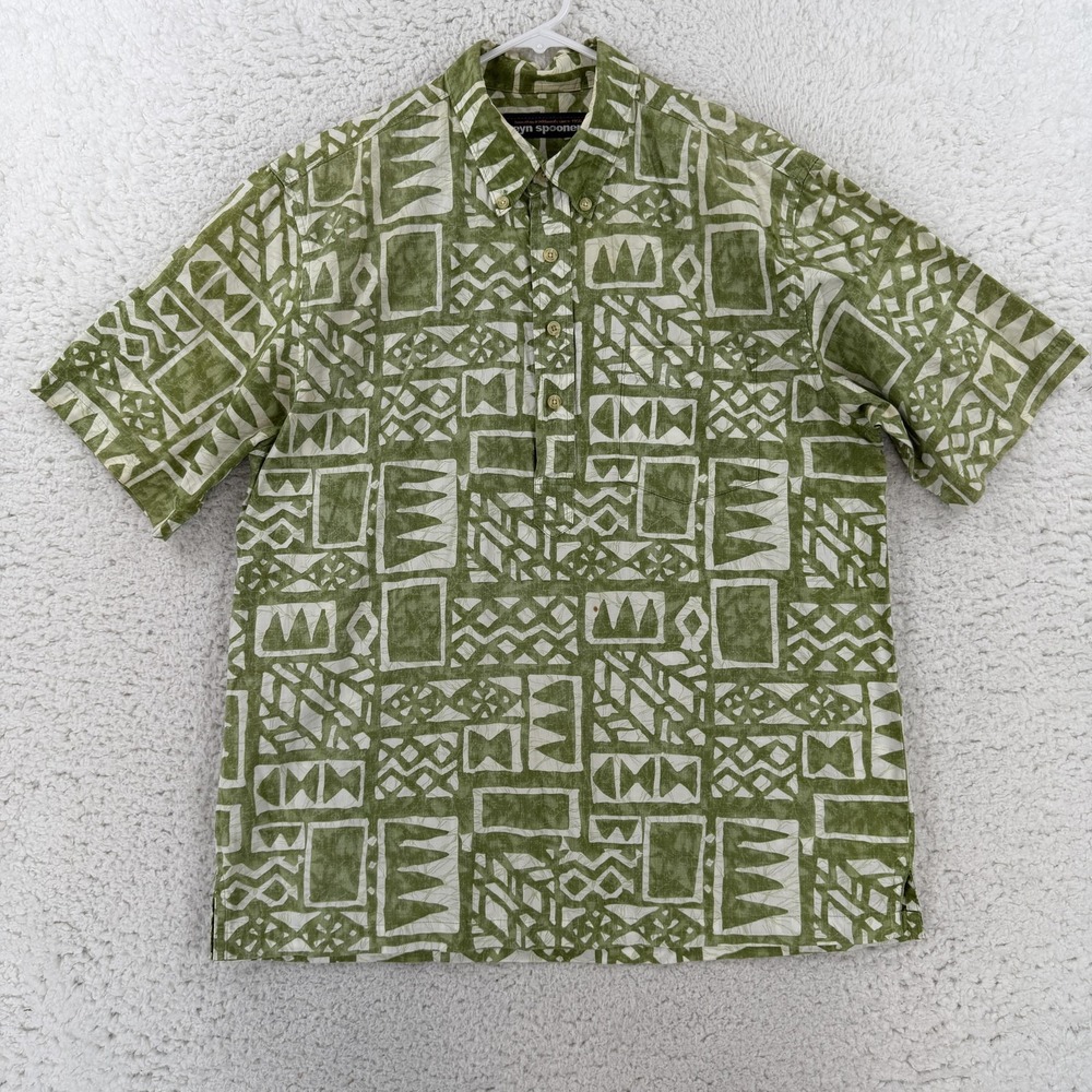 Reyn Spooner Shirt Mens Medium Green Geometric Hawaiian Short Sleeve Button Up